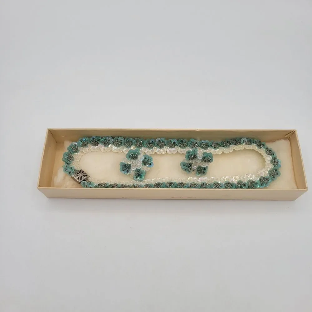 Vintage 1950s Aqua Sequin Necklace & Earrings Set